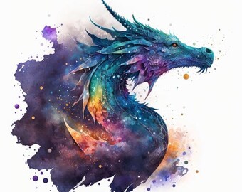 Cosmic Watercolor Dragon #11 - Digital Art Print, AI Generated, Wall Art, AI Art, Digital Download, Home Decor, Printable