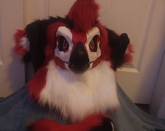 Fully Furred and Lined Dino Mask Head w/Mohawk and Ram Horns + Nub Tail