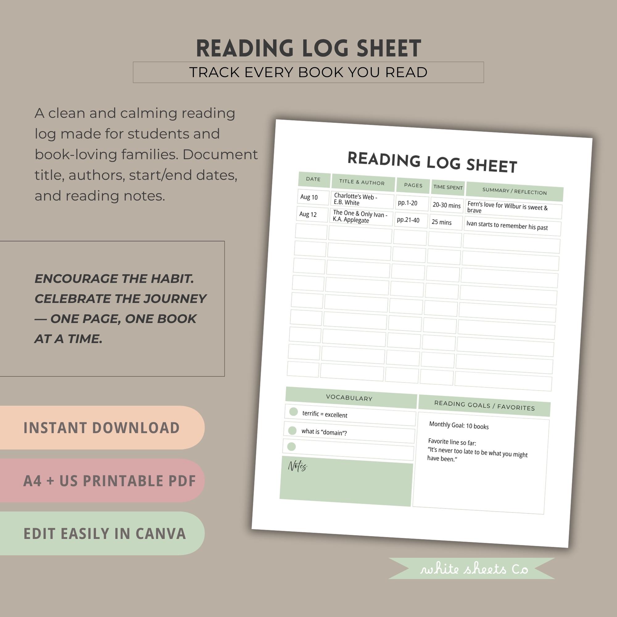Reading Log Printable: Student Book Tracker, Homeschool Journal ...