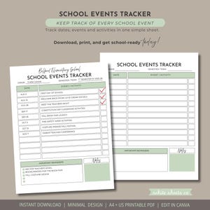 Puede incluir: Dos plantillas imprimibles de seguimiento de eventos escolares. La primera plantilla está completa con fechas y eventos, incluido el primer día de clases y un desfile de disfraces. La segunda plantilla está en blanco. El texto de la imagen dice "School Events Tracker".