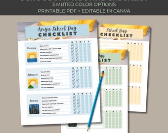May include: A printable school day routine checklist with a light blue header that says "Amy's School Day Checklist". The checklist includes morning, afternoon, and evening tasks. A blue pencil rests on the checklist. The text "School Day Checklist" is also visible.