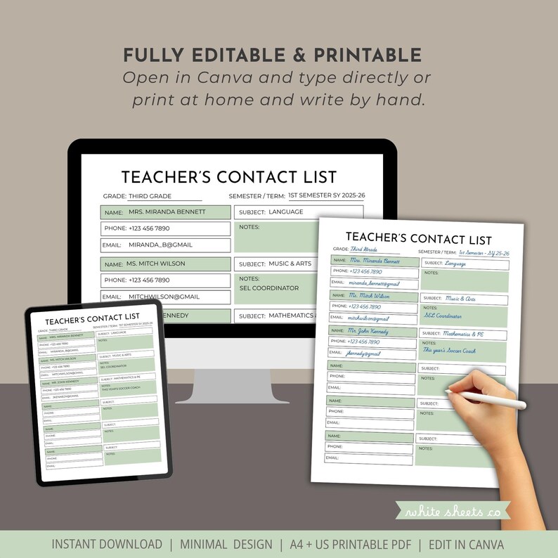 Teacher Contact List Template: Sage Green School Organizer (PDF & Canva ...