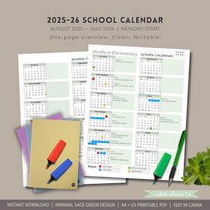 Könnte beinhalten: Schulkalender für das Schuljahr 2025-2026 mit einer einseitigen Übersicht, von August 2025 bis Juli 2026. Das Bild zeigt einen Kalender, Notizbücher und zwei Textmarker. Der Kalender ist für die Bedford Elementary School.