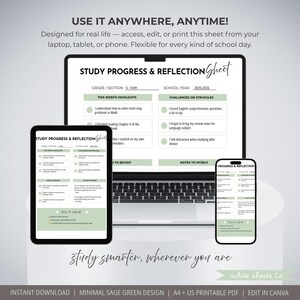 May include: A digital study progress and reflection sheet displayed on a laptop, tablet, and phone. The design features a minimal sage green color scheme with text that reads "Study Progress & Reflection Sheet". The text "Use it anywhere, anytime!" is also visible.