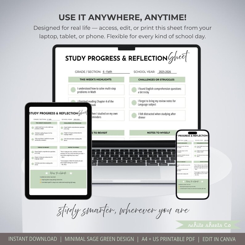 May include: A digital study progress and reflection sheet displayed on a laptop, tablet, and phone. The design features a minimal sage green color scheme with text that reads "Study Progress & Reflection Sheet". The text "Use it anywhere, anytime!" is also visible.