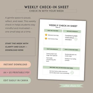 May include: A printable weekly check-in sheet with the text "Weekly Check-In Sheet" and "Check in with your week". The sheet includes sections for self-reflection, goal setting, and tracking progress. It is an instant download.