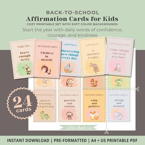 Könnte beinhalten: Ein Set von 24 Affirmationskarten für Kinder mit sanften Farbhintergründen. Jede Karte enthält positive Affirmationen und niedliche Tierillustrationen. Die Karten sind für den Schulanfang konzipiert und als Sofort-Download im A4- und US-druckbaren PDF-Format erhältlich.