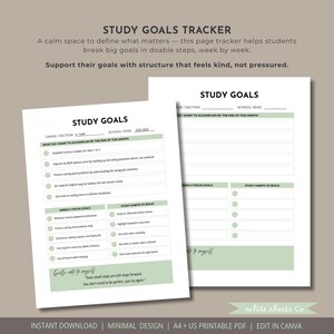 May include: Two printable study goals trackers with a minimalist design. The pages are white with green accents and include sections for weekly focus goals and study habits. Text on the page reads "Study Goals" and "Instant Download".