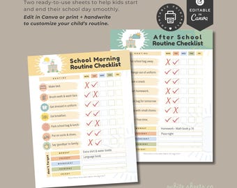 Checklist schoolroutine: bewerkbaar canvasdiagram, afdrukbare pdf
