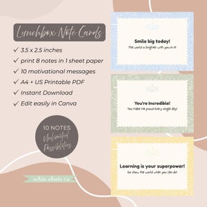 Tarjetas de notas para la lonchera de niños (8,9 x 6,35 cm), imprimibles y editables, notas motivadoras para el almuerzo escolar, plantillas para la vuelta al cole.