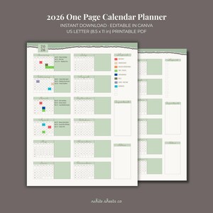 2026年ミニマリストカレンダー：セージグリーンのワンページプランナー（印刷可能なPDF、Canvaで編集可能）