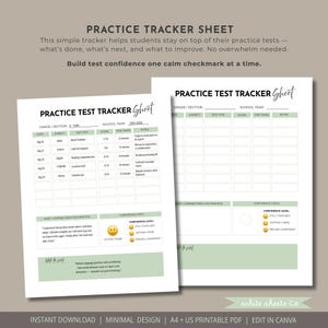 May include: Two printable "Practice Test Tracker Sheet" documents. The sheets are white with green accents and include sections for subject, test type, score, and notes. The text "Practice Tracker Sheet" is at the top.