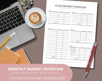 May include: A printable US Letter (8.5 x 11in) monthly budget overview sheet. The sheet includes sections for income, expenses, and debts. A laptop, coffee cup, pen, and notebooks are also visible.