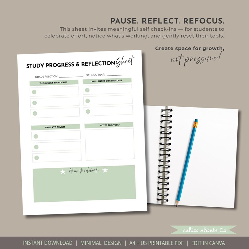 May include: A white printable study progress and reflection sheet with a minimalist design. The sheet includes sections for highlights, challenges, topics, and notes. A spiral notebook and a blue pencil are also visible.