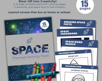 May include: A space-themed activity pack with 15 pages, including coloring pages, crosswords, and space facts. The cover features a galaxy design with the word "SPACE" and a rocket ship illustration. Includes a set of crayons.