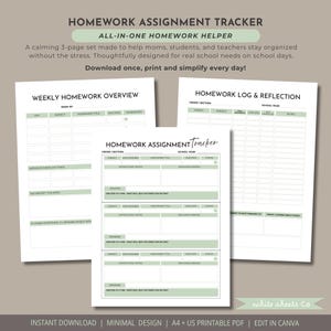 以下が含まれることがあります： ミニマルなデザインの宿題追跡セット、3ページ。ページには、毎週の宿題の概要、宿題のログ、宿題追跡が含まれます。テキストには「Homework Assignment Tracker」と「All-in-one Homework Helper」が含まれています。
