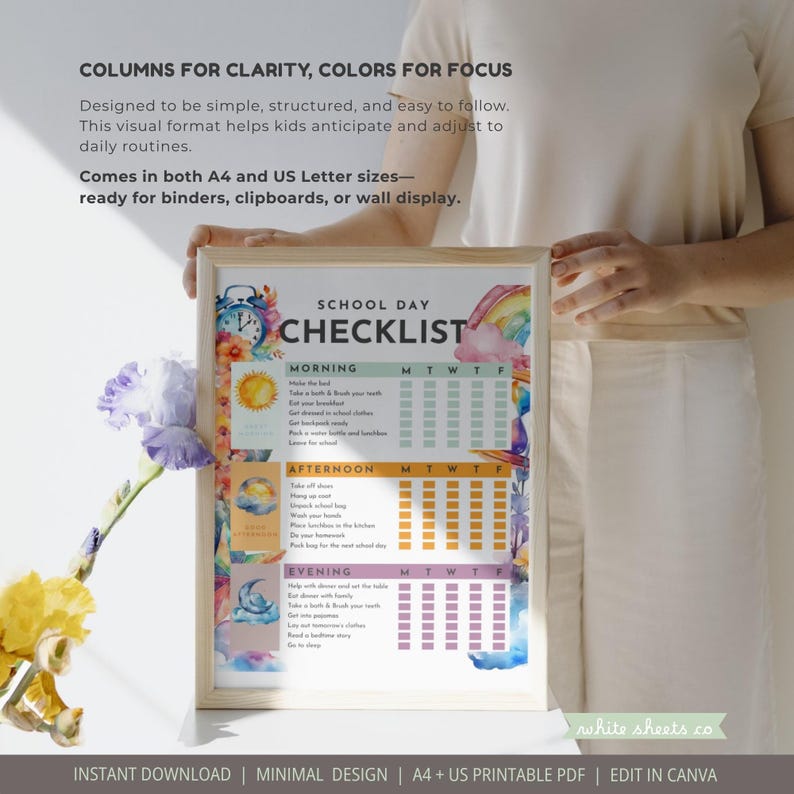 Colorful School Day Checklist Printable: Kid-friendly Daily Routine ...