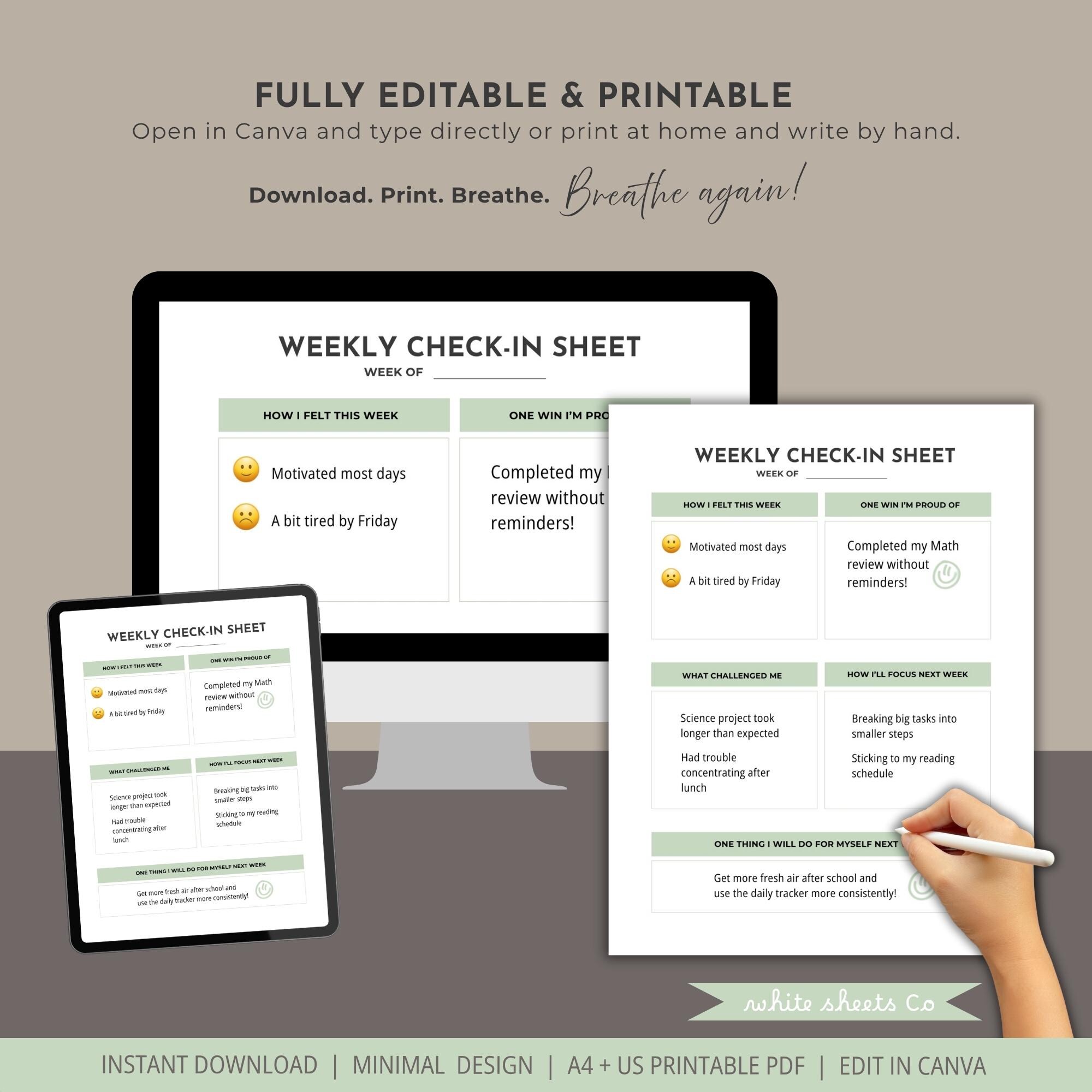 Weekly Check In Sheet Student Weekly Check-in Sheet: Mindset Reflection, School Wellness ...