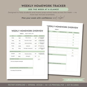 Puede incluir: Un rastreador de tareas semanales imprimible con un diseño minimalista. El diseño incluye secciones para materias, tareas, fechas de entrega y notas. El diseño es en tonos de blanco y verde, con texto que dice "Weekly Homework Overview."