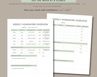 Könnte beinhalten: Ein druckbarer Wochenhausaufgaben-Tracker mit minimalistischem Design. Das Layout umfasst Abschnitte für Fächer, Aufgaben, Fälligkeitstermine und Notizen. Das Design ist in Weiß- und Grüntönen gehalten, mit Text, der "Weekly Homework Overview" lautet.