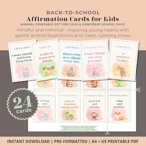 Könnte beinhalten: Ein Set von 24 Affirmationskarten für Kinder mit Tierillustrationen und positiven Affirmationen. Die Karten enthalten Sätze wie "Ich mache Fehler und lerne daraus" und "bereit, Neues zu lernen". Entworfen für ruhige Schultage.