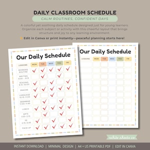 Könnte beinhalten: Ein druckbarer täglicher Stundenplan für das Klassenzimmer mit farbenfrohem Design. Der Zeitplan enthält Abschnitte für den Unterricht und eine Checkliste für jeden Wochentag. Der Text auf dem Zeitplan lautet "Our Daily Schedule" und "Calm Routines, Confident Days".