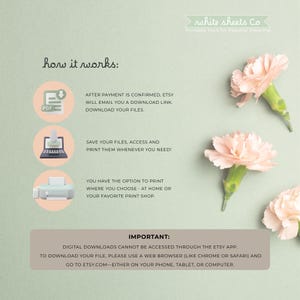 May include: A light green background with text explaining how to download digital files from Etsy. The text includes instructions on downloading, accessing, and printing files. The image also features pink carnations and the White Sheets Co. logo.