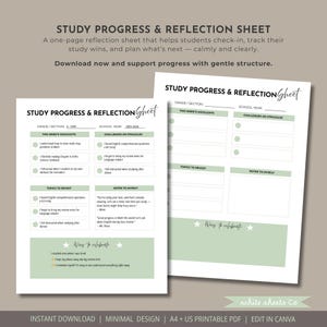 Puede incluir: Hoja de reflexión y seguimiento del progreso del estudio imprimible de dos páginas con un diseño minimalista. Las hojas son blancas con acentos verdes e incluyen secciones para aspectos destacados, desafíos y notas. El texto en la hoja dice "Study Progress & Reflection Sheet."
