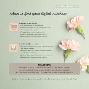 May include: A light green informational graphic with text on how to find digital purchases on Etsy. The graphic includes instructions for Etsy account holders and guests, along with a note about digital downloads. Pink carnations are in the background.