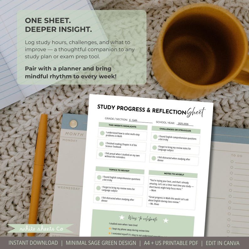 May include: A sage green and white study progress and reflection sheet with text. The sheet includes sections for highlights, challenges, topics to revisit, and notes. A yellow pen and a mug are also visible.
