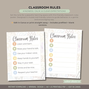 May include: Two classroom rules posters. The first poster lists seven rules: Listen and learn, raise your hand to talk, use your indoor voice, keep hands to yourself, stay in your seat, smile and be nice, and respect your teacher. The second poster is blank.