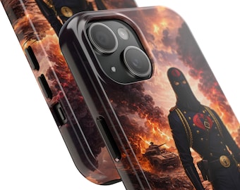 May include: A smartphone case featuring a graphic print of a masked figure in a dark blue military-style uniform with gold accents and a red cobra emblem, standing before a fiery battlefield scene with smoke and a tank under a dramatic orange sky.