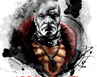 May include: Digital art print of a stern-faced figure with a metallic head and a red collar. The image includes the text "PLEDGE YOUR ALLEGIANCE" in red, set against a grunge-style background.