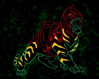 May include: A black tiger with yellow stripes and a red helmet with a green outline. The tiger is roaring with its mouth open. The background is black with green and white splatters.