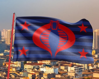 May include: A rectangular flag featuring horizontal dark blue and black stripes. A large red cobra emblem is centred on the flag, flanked by four red five-pointed stars positioned in each corner. The flag is attached to a red pole on the left side.