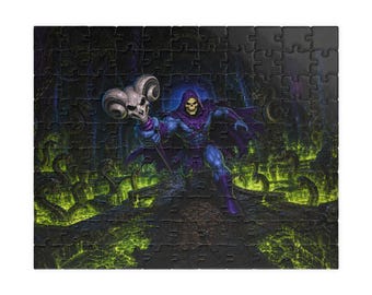 May include: A jigsaw puzzle depicting a fantasy character in purple and blue armour, holding a skull-topped staff. The background is a dark, foreboding scene with green, glowing details.