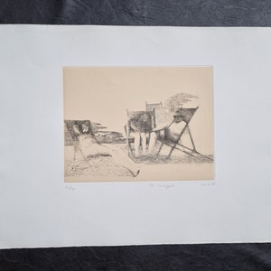Dino Boschi &quot;The beach&quot; Engraving with certificate from the 1970s, signed and numbered by the artist, dimensions 65/46 cm.