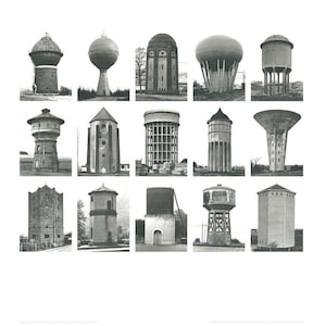 May include: A black and white photograph of 16 different water towers. The towers are all made of concrete and have different shapes and sizes. Some of the towers have a cylindrical shape, while others have a more rectangular shape. The towers are all located in different parts of the world.