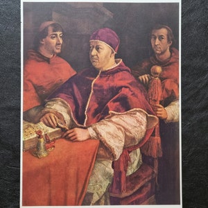 Raffaello Di Giovanni Santi known as Sanzio (1483 -1520) &quot;Pope Leo X and two cardinals&quot; Vintage lithographic print from 1964