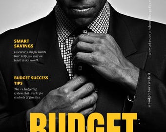 May include: Monochrome image of a man in a suit, adjusting his tie. The image features text in yellow, including "BUDGET SURVIVAL TEMPLATE", "SMART SAVINGS", and "BUDGET SUCCESS TIPS". A barcode and the text "BY AI DIGITAL TEMPLATE" are also visible.