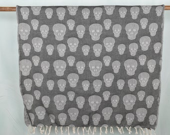 Skull Patterned Towel, Turkish Towel Beach, Personalized Beach Towel, 36x67 Inches Black Cotton Towel, Personalized Gifts, Gift For Mom,
