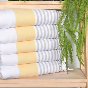 Personalized Turkish Towel, Striped Terry Towel, Boyfriend Gift, Bachelorette Party Gifts, 36x67 Inches Yellow-Light Gray Cotton Towel,