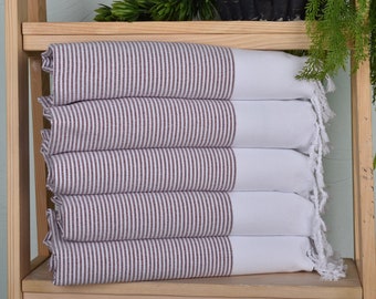 Striped Tea Towel, 18"x40" Burgundy Cotton Hand Towel, Monogrammed Hand Towel, Kitchen Towel, Custom Hand Towel, Bridesmaid Proposal Gift,