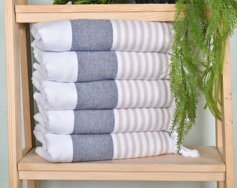Turkish Beach Towel, Personalized Gift, Turkish Bath Towel, 36x67 Inches Navy Blue-Beige Cotton Towel, Striped Terry Towel, Employee Gifts,