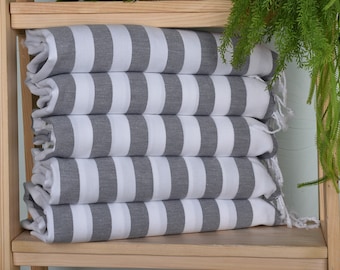 Turkish Tea Towel, Personalized Kitchen Towel, 20"x44" Dark Gray Cotton Dish Towel, Striped Tea Towel, Personalized Gifts, Hand Size Towels,