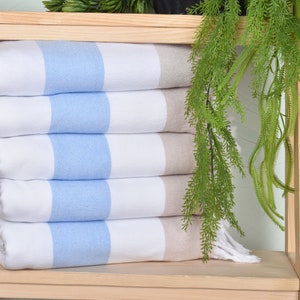 36x63 Inches Baby Blue-Beige Cotton Towel, Custom Gift, Striped Terry Towel, Bridesmaid Gift, Wedding Favors, Baby Boy Gift,