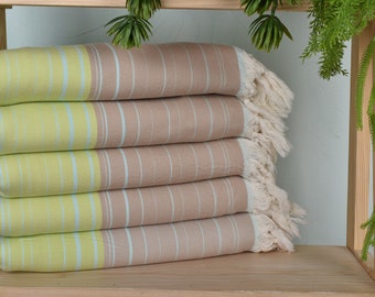 Bridesmaid Gift, Striped Towel, 40"x71" Mint-Beige Cotton Towel, Turkish Beach Towel, Personalized Turkish Towel, Customized Towels,
