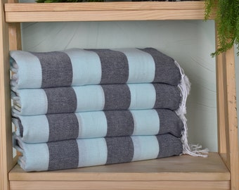 Turkish Hand Towel, Bathroom Towels, 18"x40" Mint-Navy Blue Cotton Hand Towel, Striped Hand Towel, Kitchen Towel, Valentines Gift,