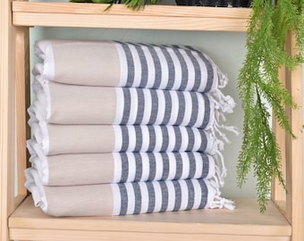 Personalized Gift, Striped Towel, 40x70 Inches Beige-Navy Blue Cotton Towel, Turkish Bath Towel, Turkish Beach Towel, Valentines Gift,