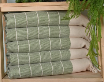 Striped Tea Towel, 16"x36" Green Cotton Tea Towel, Monogram Kitchen Towel, Personalized Hand Towel, Turkish Towel Hand Towel,